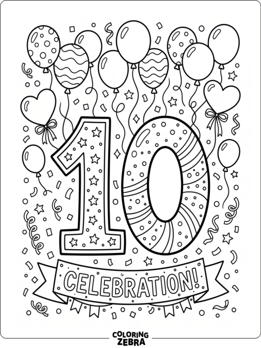 Number 10 with confetti and balloons