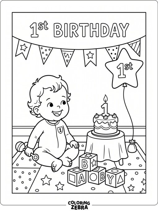 First birthday cake with a balloon and blocks