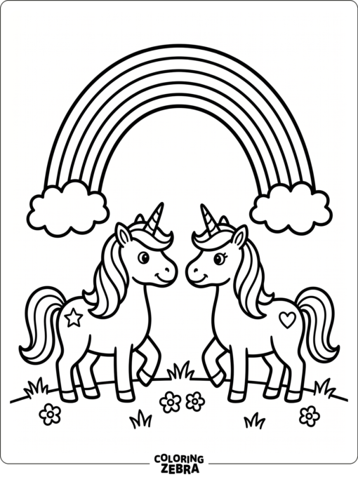 Two unicorns facing each other under a rainbow arch