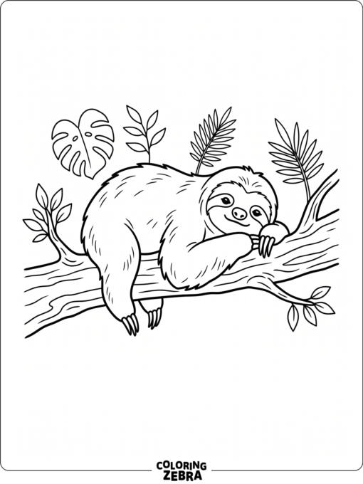 A three-toed sloth resting on a branch with leaves