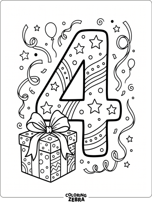 Number 4 with a present and streamers