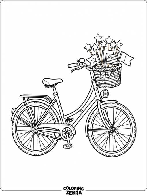A bicycle with a basket of flags and stars