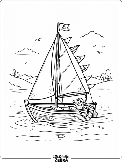 A small boat with flags floating on calm water
