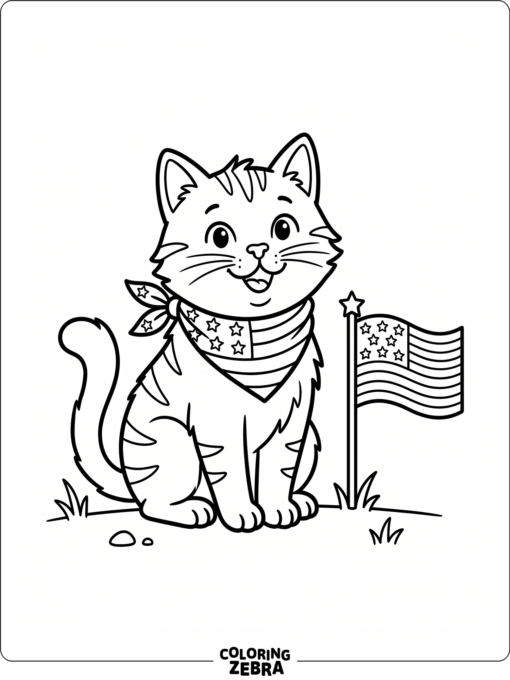 A cat wearing a patriotic bandana beside a flag