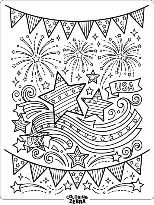 Simple stars and stripes with fireworks and bunting