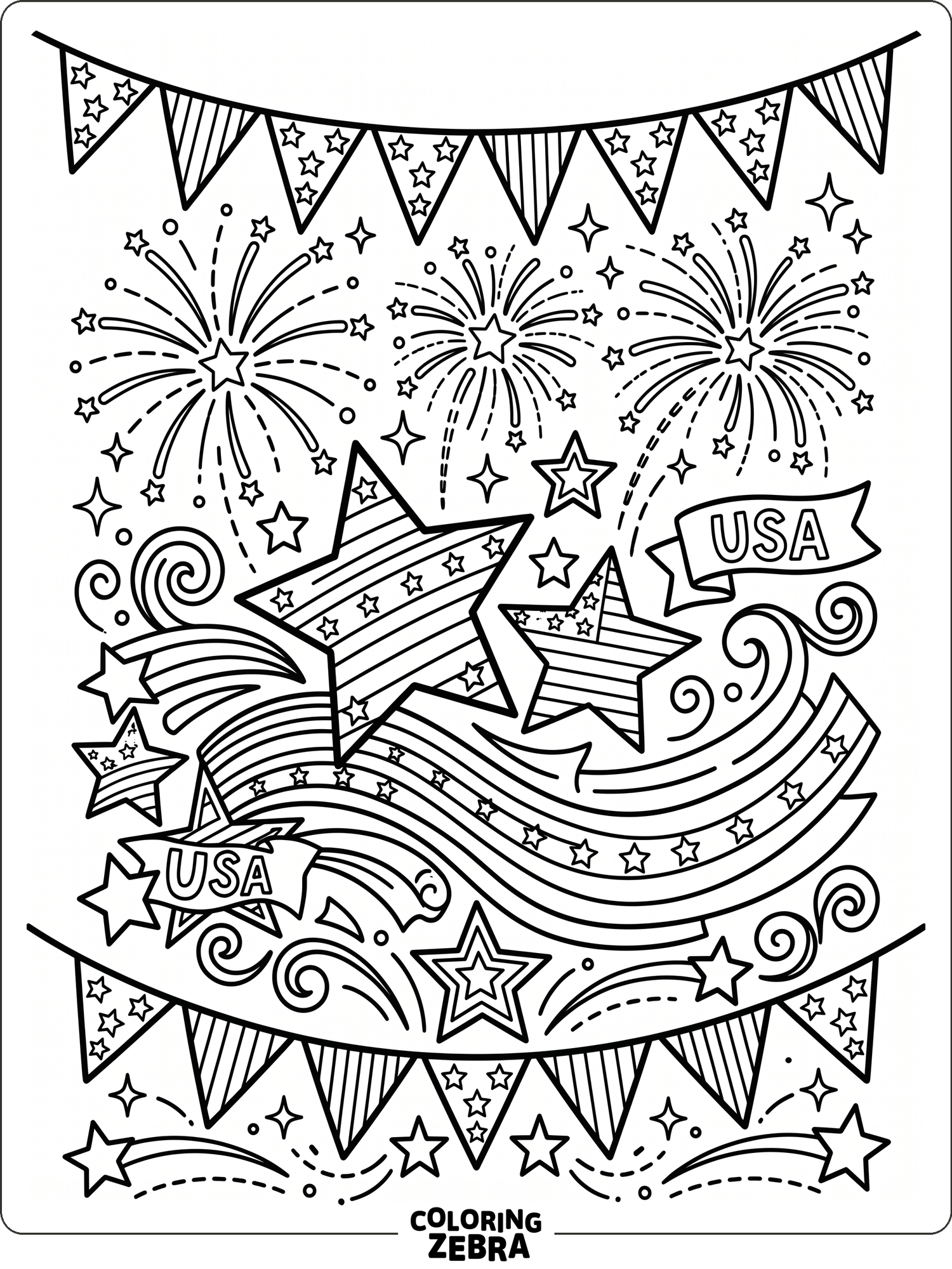 Simple stars and stripes with fireworks and bunting