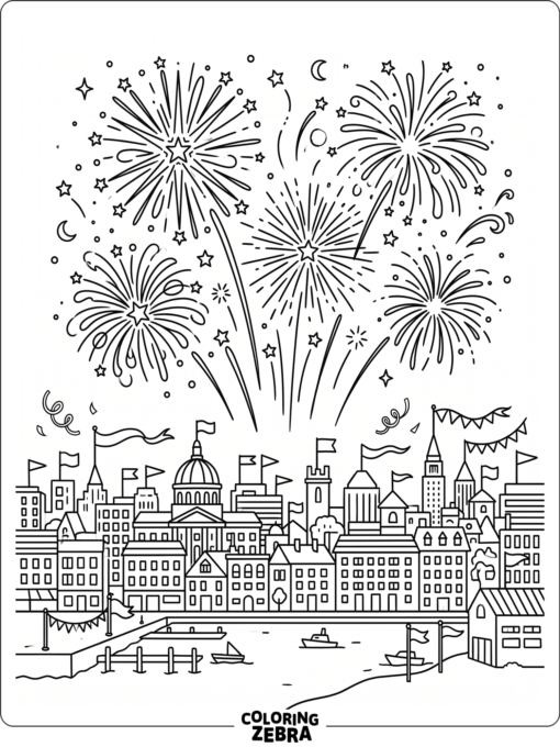 Fireworks over a city skyline with flags