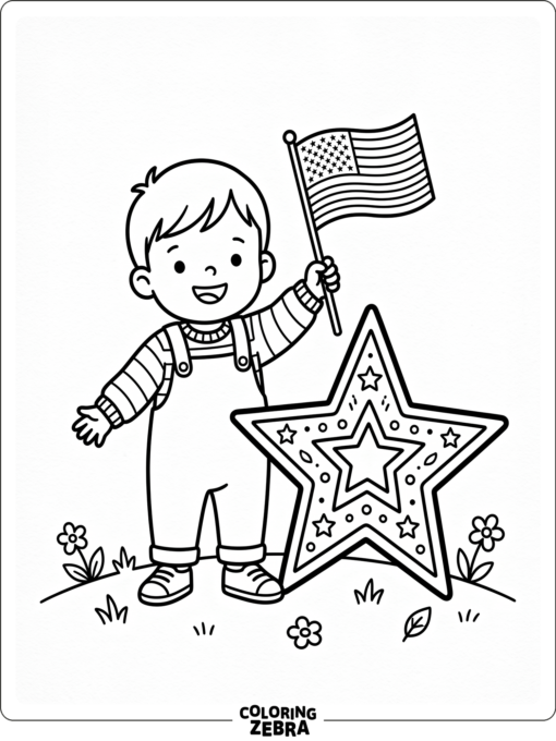 A toddler holding a small flag beside a star