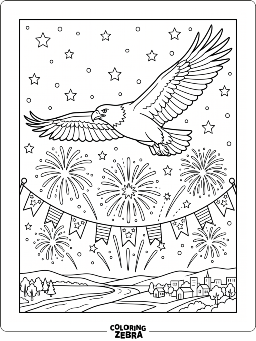 An eagle flying over fireworks and stars