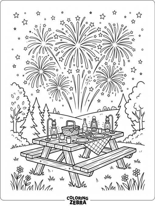 Fireworks bursting over a picnic table