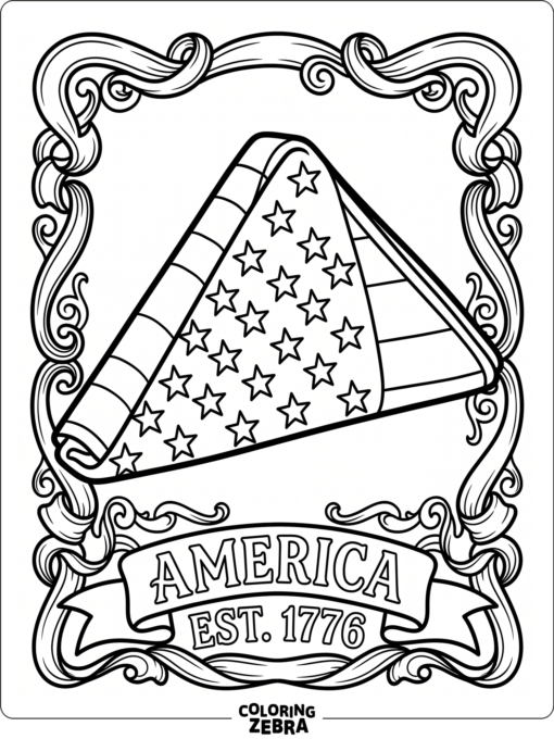 A folded American flag with stars and a ribbon border