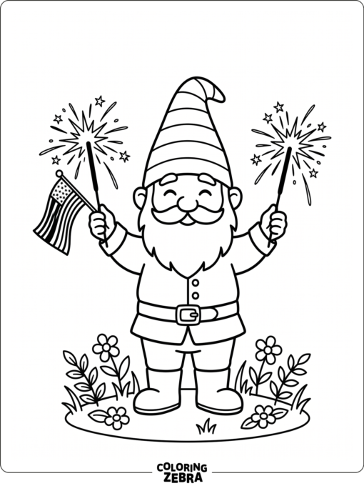 A gnome holding sparklers and a small flag
