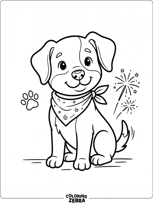 A puppy wearing a bandana with fireworks nearby