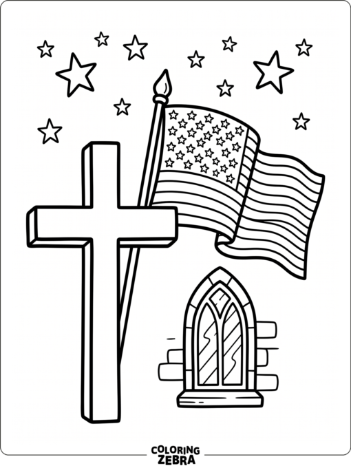 A cross and flag with stars and a church window