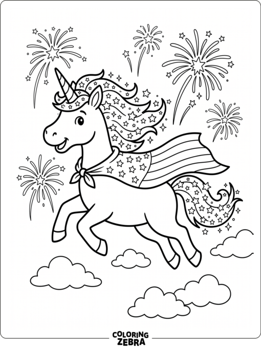 A unicorn with a star mane and flag cape