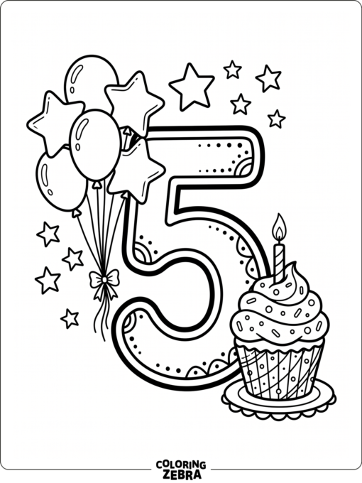 Number 5 with balloons, stars, and a cupcake