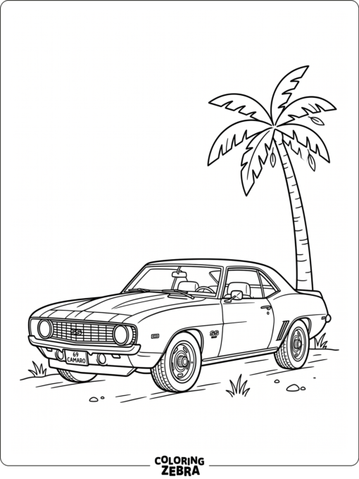 A 1969 Camaro parked under a palm tree