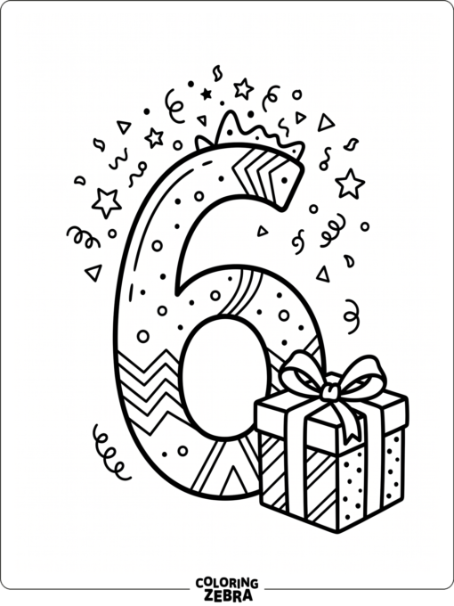 Number 6 with confetti and a wrapped present