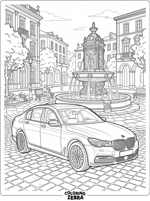A BMW 7 Series sedan near a fountain