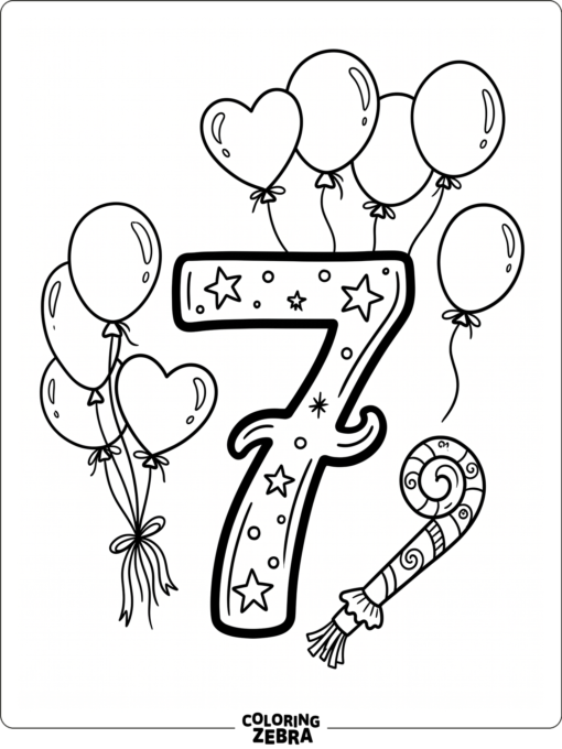 Number 7 with balloons and a party horn