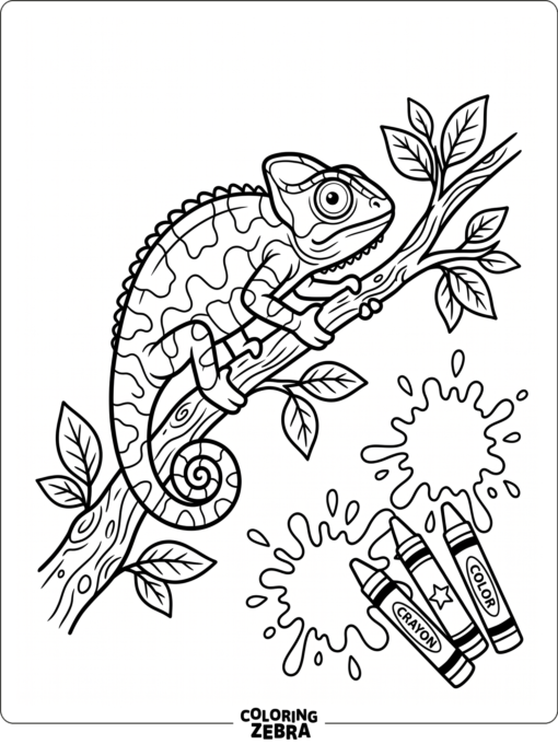 A chameleon changing colors beside paint splashes