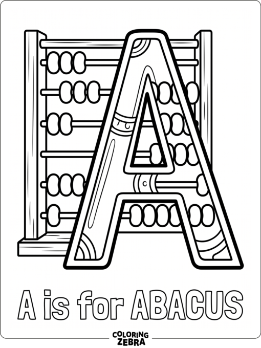 La letra A aparece junto a un ábaco sencillo, con contornos marcados y amplios espacios abiertos.