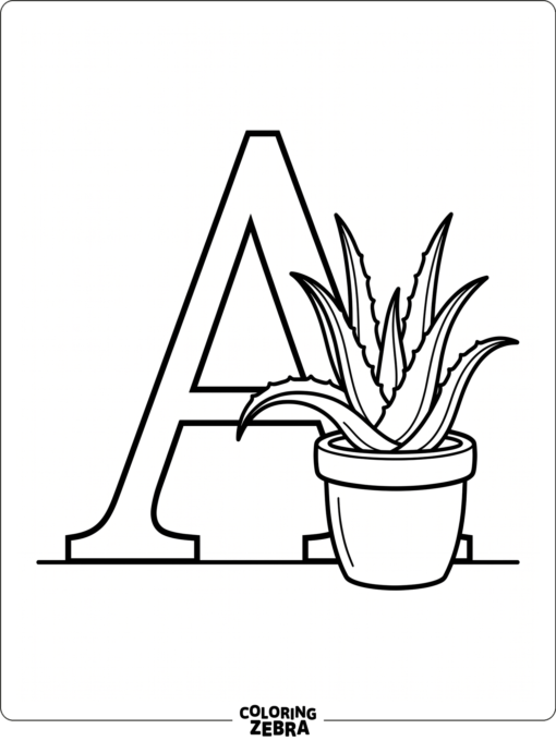 Una gran letra A se encuentra junto a una planta de aloe en maceta con hojas puntiagudas.