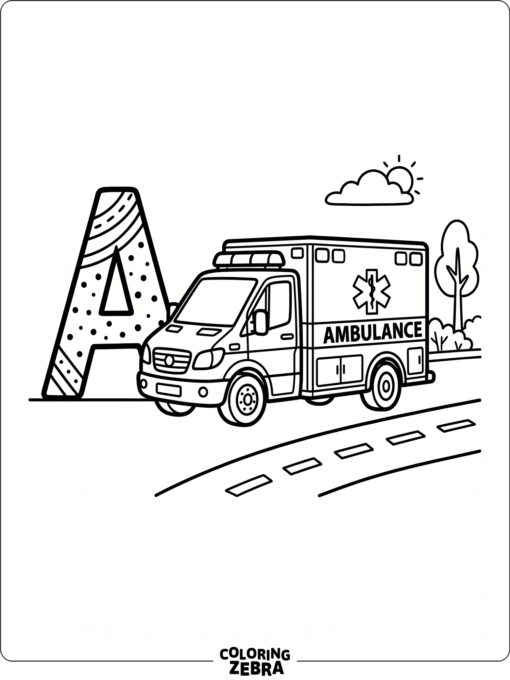 Una letra A con una pequeña ambulancia en una carretera
