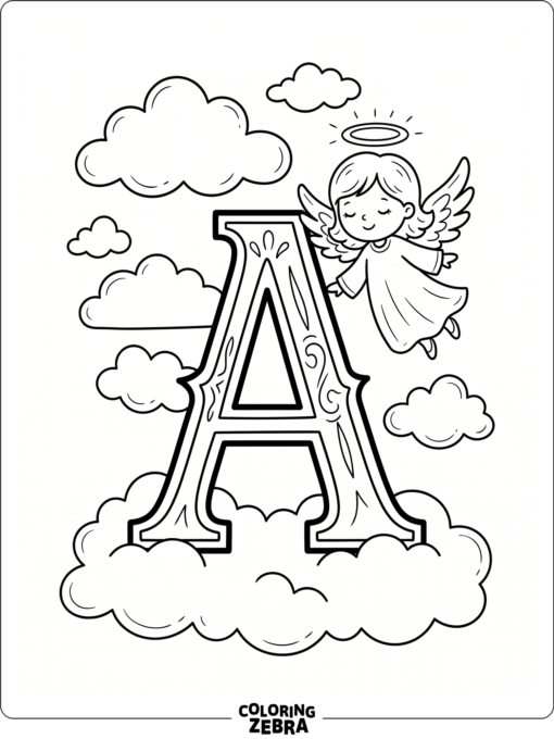 La letra A aparece acompañada de un angelito, unas alas y unas cuantas nubes esponjosas.