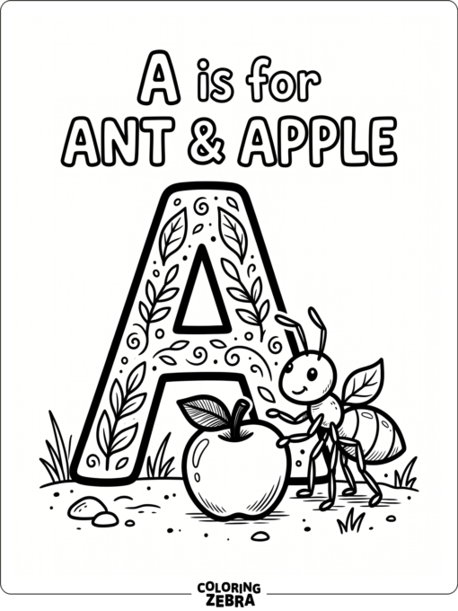 The letter A with an ant and apple