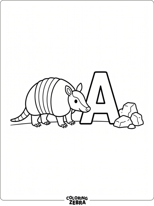 Una letra A con un pequeño armadillo y unas rocas