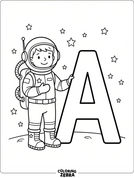Un astronauta junto a una letra A y unas estrellas