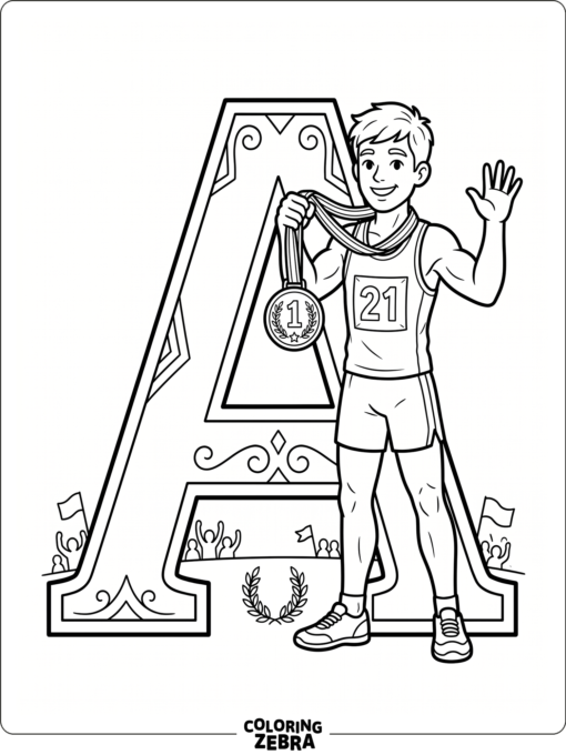 Se muestra una letra A junto a la imagen de un atleta en una pose sencilla, con una medalla y equipación deportiva.