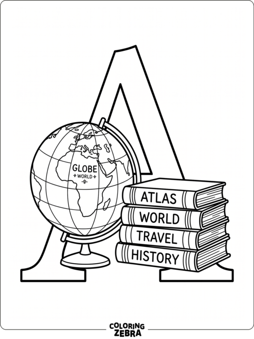 Una gran letra A aparece junto a un atlas y unos libros en un escenario limpio y minimalista.