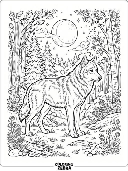 A lone wolf in a forest clearing