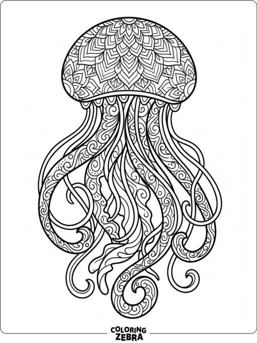 An abstract jellyfish with flowing tentacles and mandala patterns