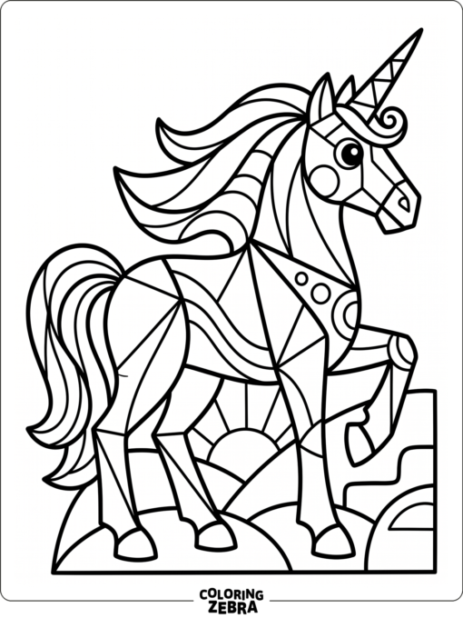An abstract unicorn with geometric shapes and flowing lines