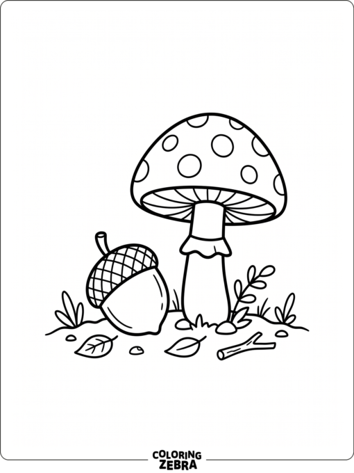 An acorn beside a mushroom on the forest floor