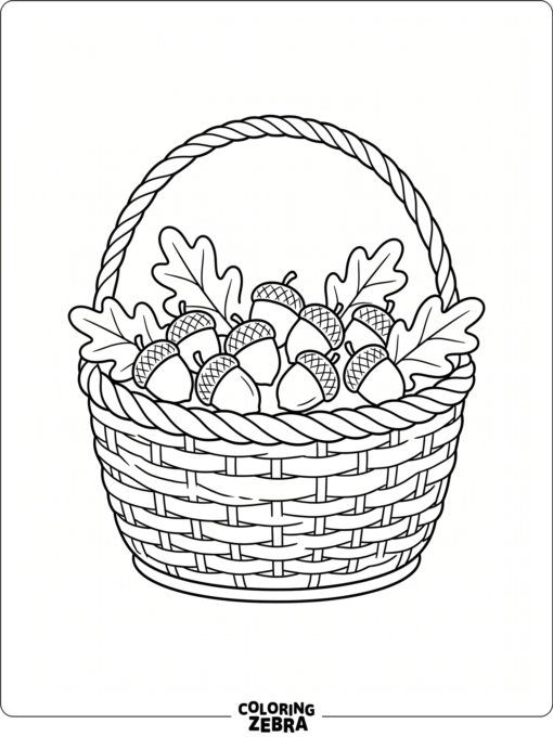 A basket filled with acorns and leaves
