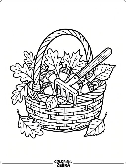 A basket filled with acorns and fall leaves