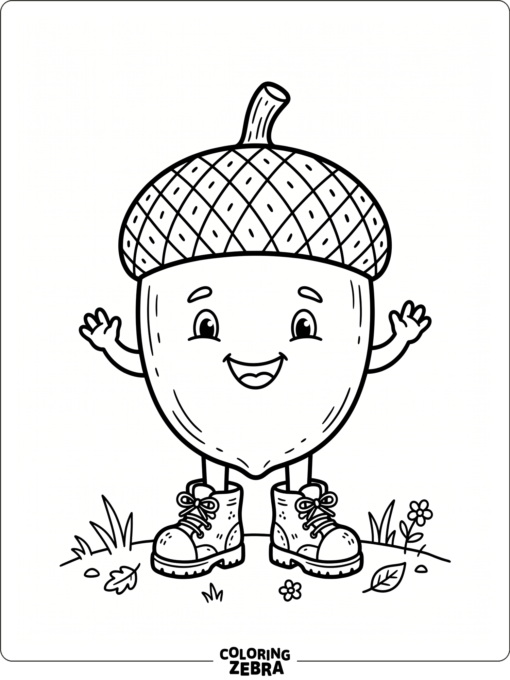 A smiling acorn character with little boots
