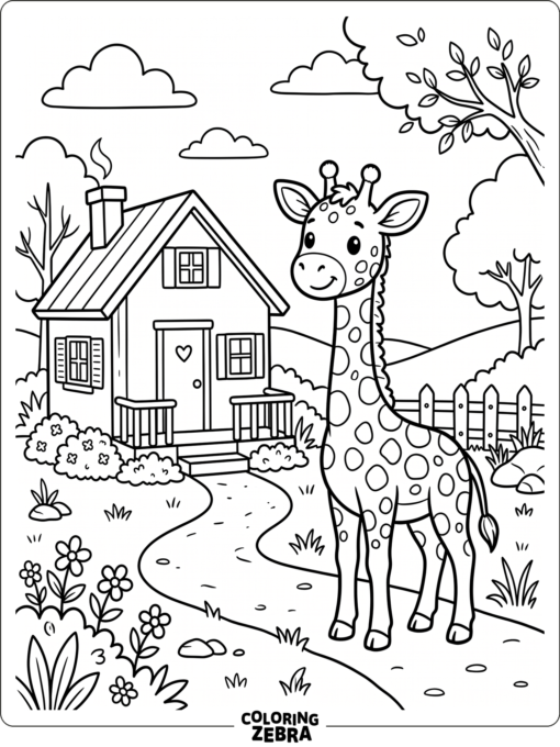 A pet giraffe standing near a small house