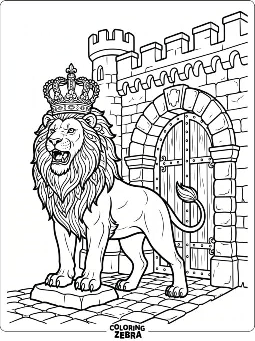 A guardian lion with a crown by a gate