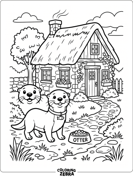 A pet otter standing near a house and bowl