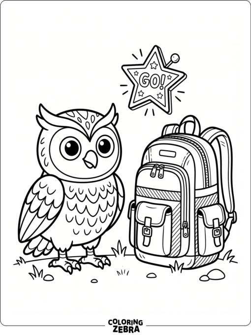 A game owl stands with a backpack and a star badge