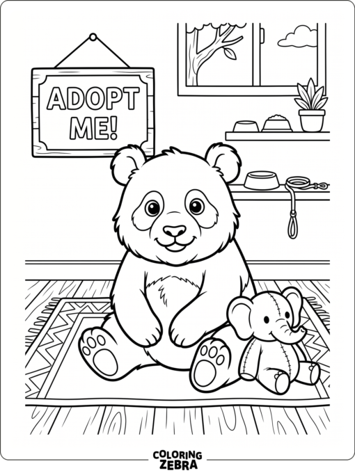 A panda sitting near a toy and adoption sign