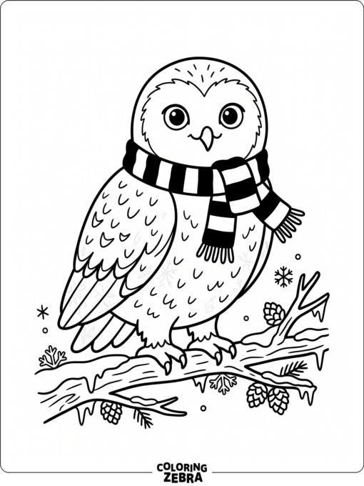 A snowy owl wearing a scarf in a winter scene
