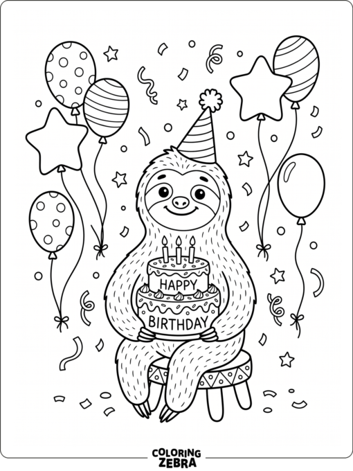 A sloth holding a birthday cake
