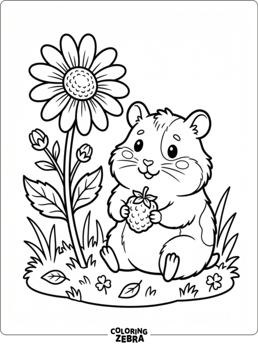An adorable hamster holding a berry near a daisy