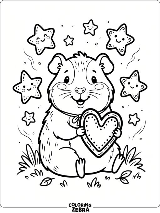 A happy guinea pig with a heart-shaped treat